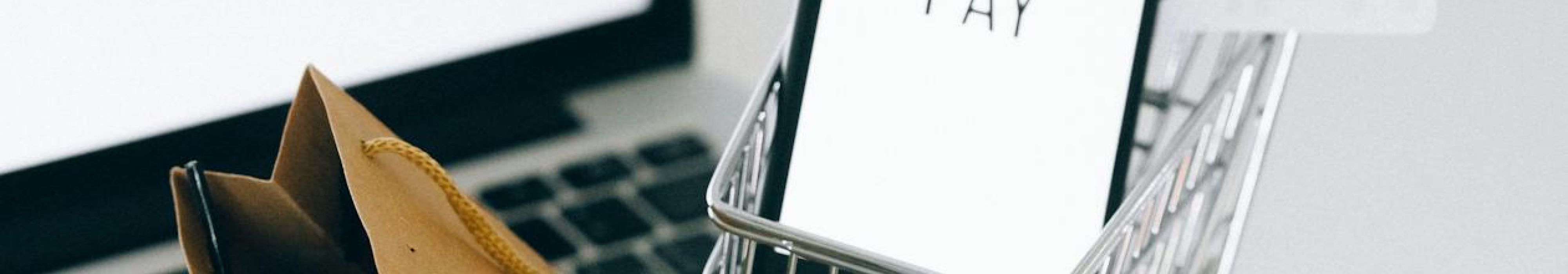 Guida all'acquisto online con laptop e carrello della spesa